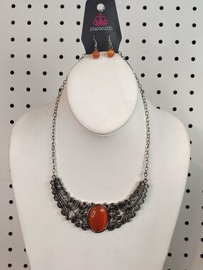 Paparazzi Orange Stone Antique Silver Filigree Necklace and Earrings Set